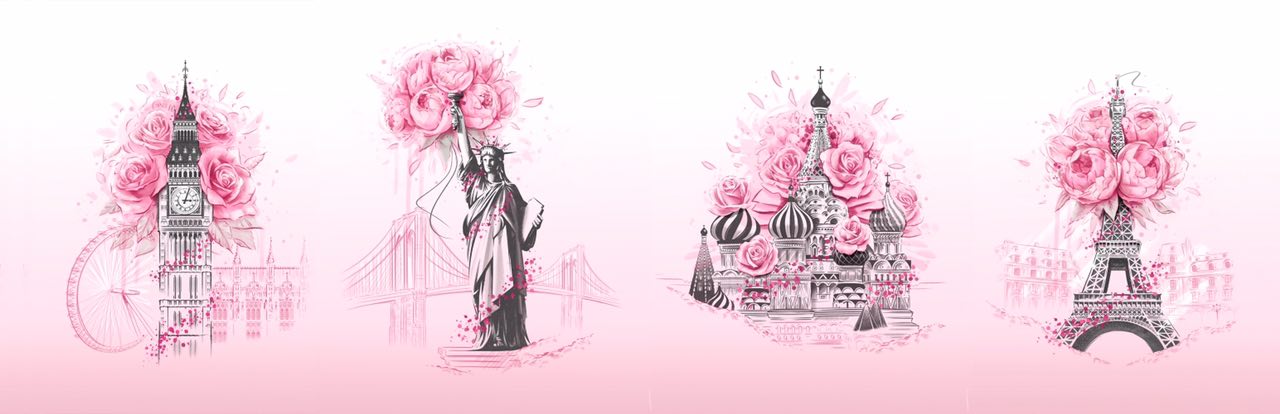 Четыре иллюстрации: Биг-Бен, Статуя Свободы, Храм Василия Блаженного, Эйфелева башня