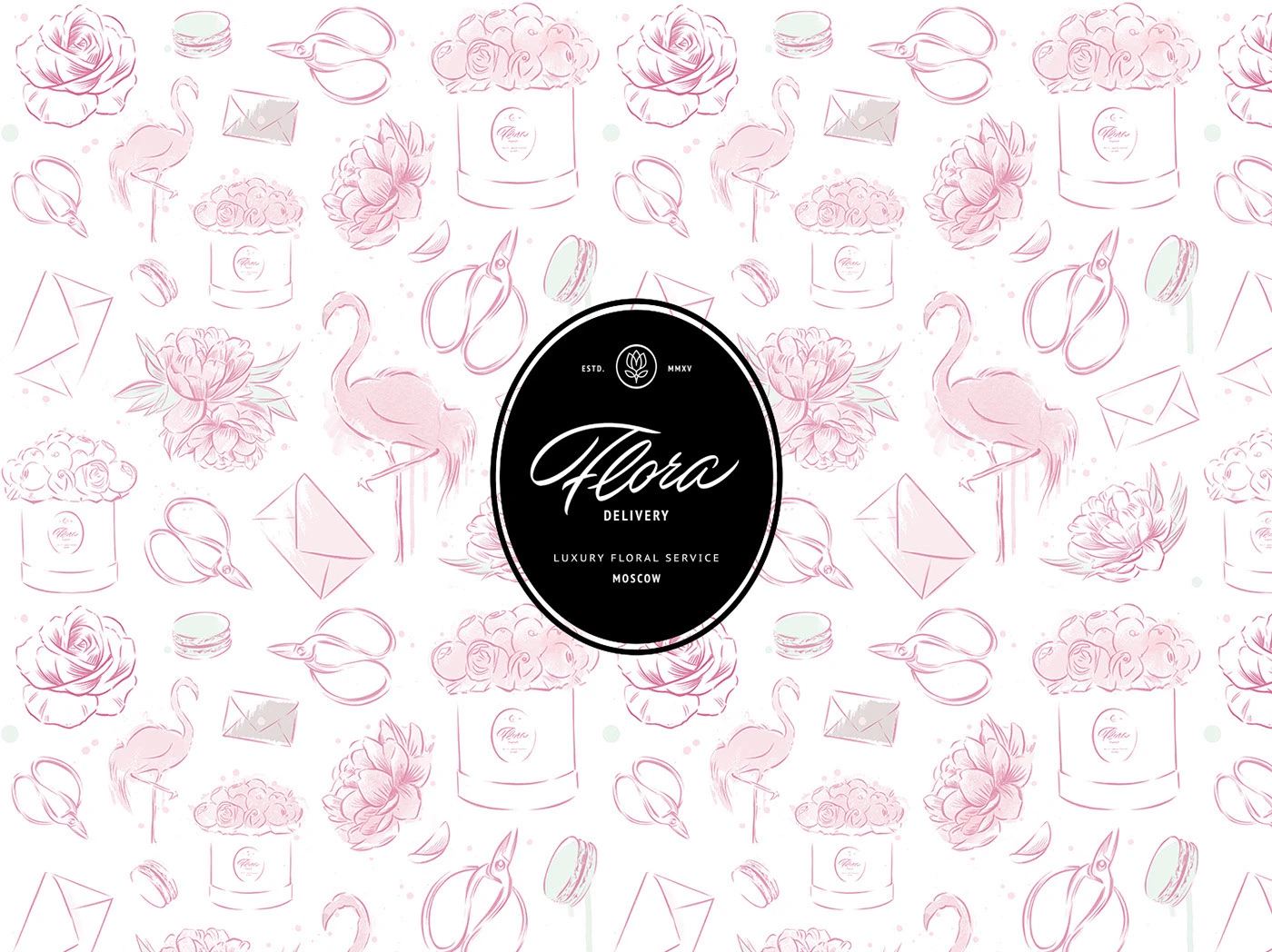Фирменный паттерн Flora Delivery — розы, фламинго, конверты, макаруны