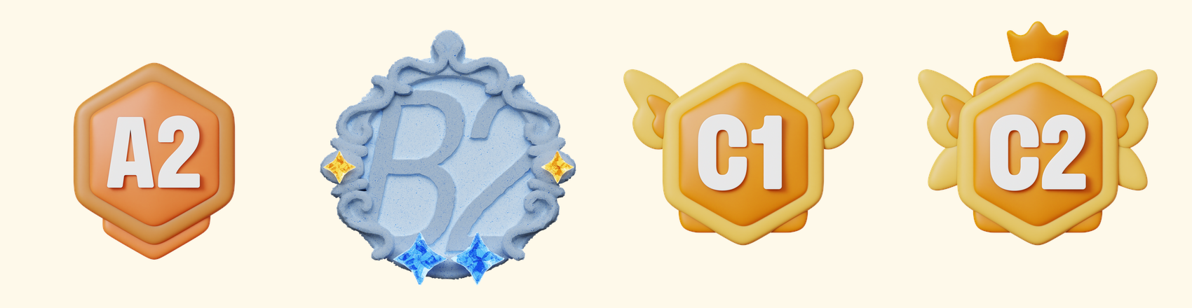 3D-бейджи уровней A2 → B2 → C1 → C2